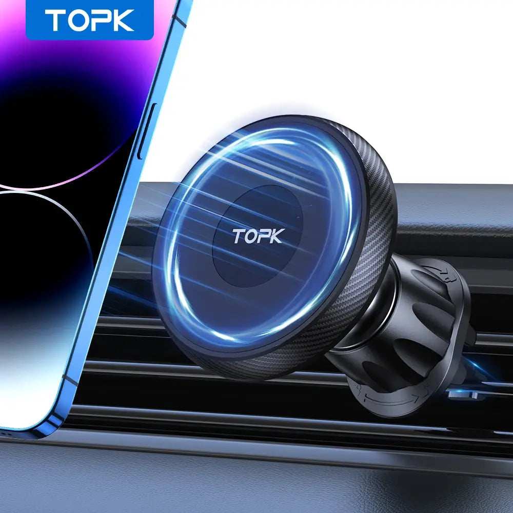Support de téléphone pour voiture Magsafe à texture en fibre de carbone noire avec anneau magnétique circulaire lumineux bleu et branding Topk visible depuis l’avant.