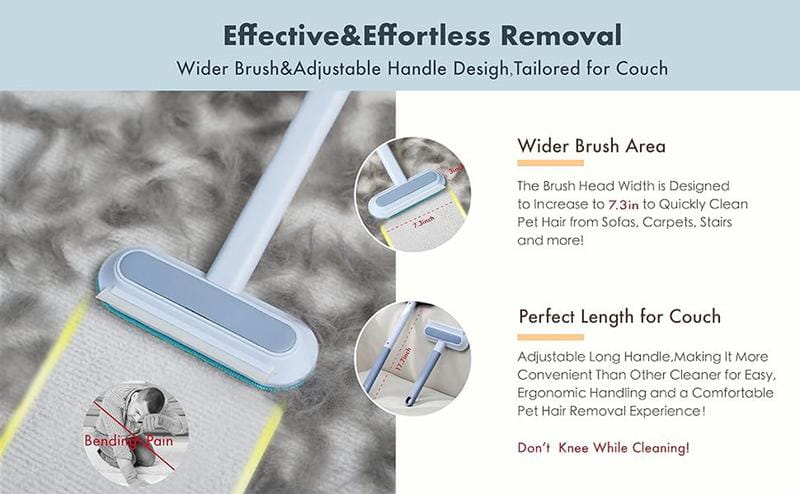Reusable pet hair remover brush in white and light blue with a wider adjustable handle designed for efficient pet hair removal from furniture and carpets.