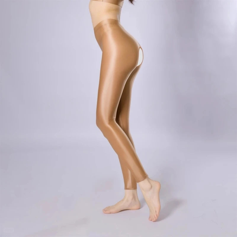 Plus Size Oil Shiny Crotchless Footless Pantyhose Women Sexy Satin Glossy Pencil Pants Fitness Yoga Leggings Party Clubwear