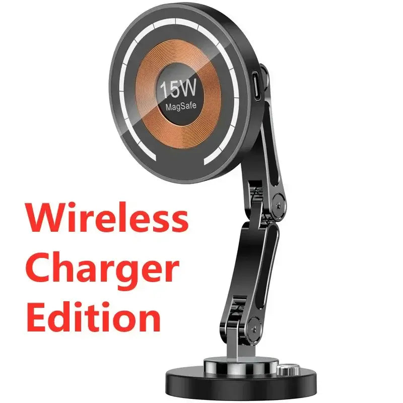 Cargador inalámbrico para coche magnético negro ajustable con almohadilla de carga circular MagSafe de 15 W y acentos metálicos para iPhone 15 14 13 12.