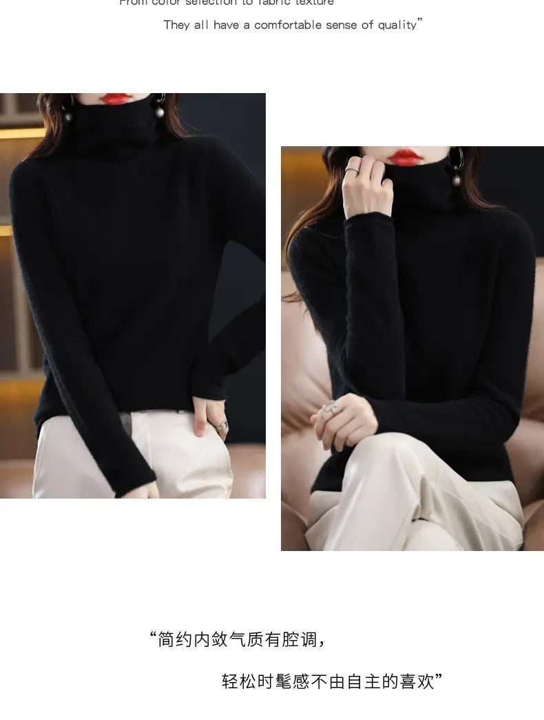 Black merino wool turtleneck sweater for women with long sleeves and a soft comfortable texture.