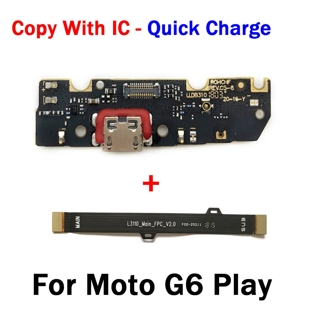Black circuit board charging board with red and gold usb charging port and black flexible ribbon cable for Motorola Moto g6 play charging dock.