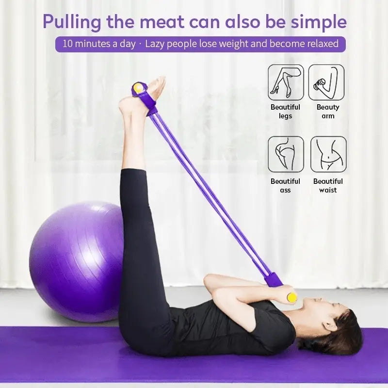 Purple resistance band set with yellow handles designed for strength training leg and arm exercises.