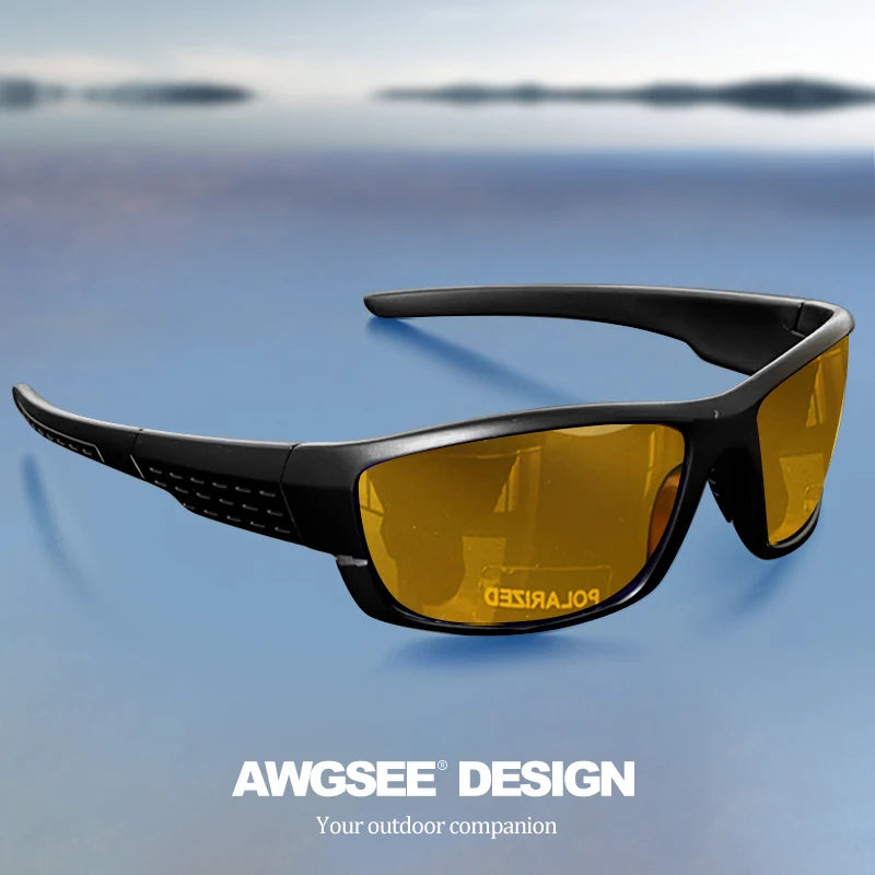 Black-framed polarized sports sunglasses uv400 with amber lenses and textured temple design for outdoor use.