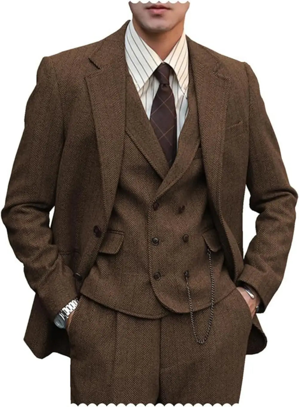 Brauner Hahnentritt-3-teilig-Anzug mit Doppelreiherweste und passenden Tweed-Hosen, dargestellt neben der Größentabelle für den Herren-Hahnentritt-3-teilig-Anzug.