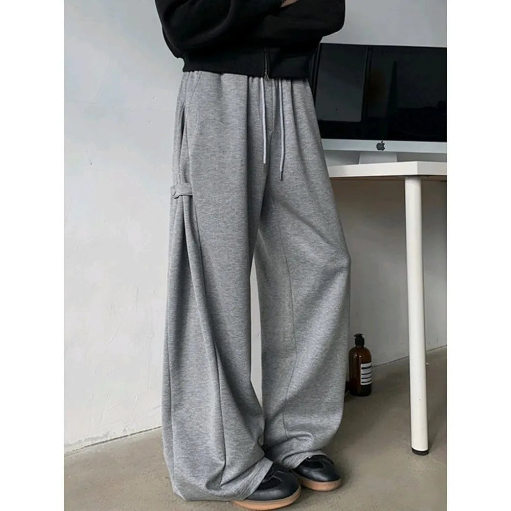 Men's Casual Wide Leg Pants Grey Black High Street Loose Fit Spring Autumn Heavy Weight Straight Tube Trousers for Men All Match