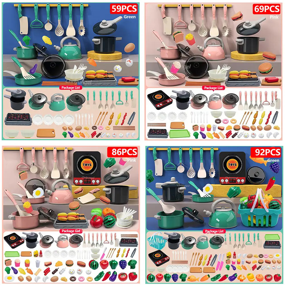 Das Bild zeigt vier Sets für Küchenzubehör zum Spielen, Kochspielzeug für Kinder mit unterschiedlichen Farbschemata: Töpfe, Pfannen, Utensilien, ein Spielherd sowie Lebensmittelteile, gestaltet für fantasievolles Kochspiel.