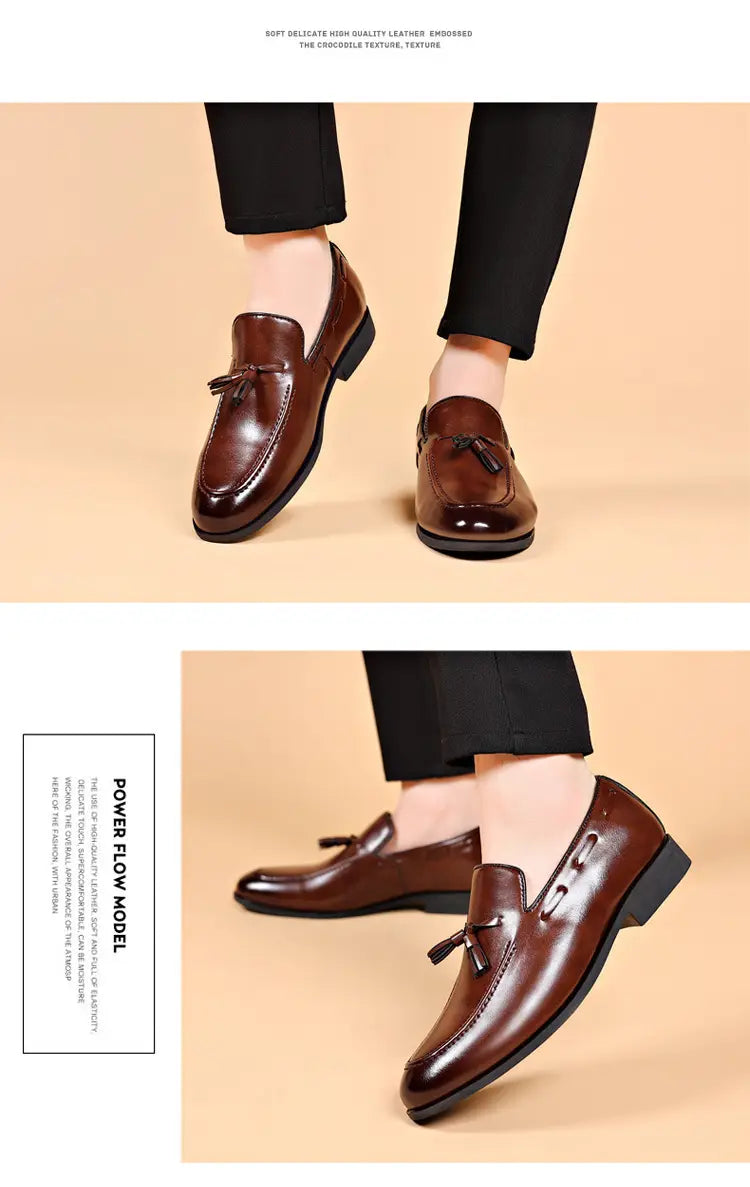 mocassins en cuir marron à pampilles pour homme, avec un design à enfiler, adaptés à un usage professionnel