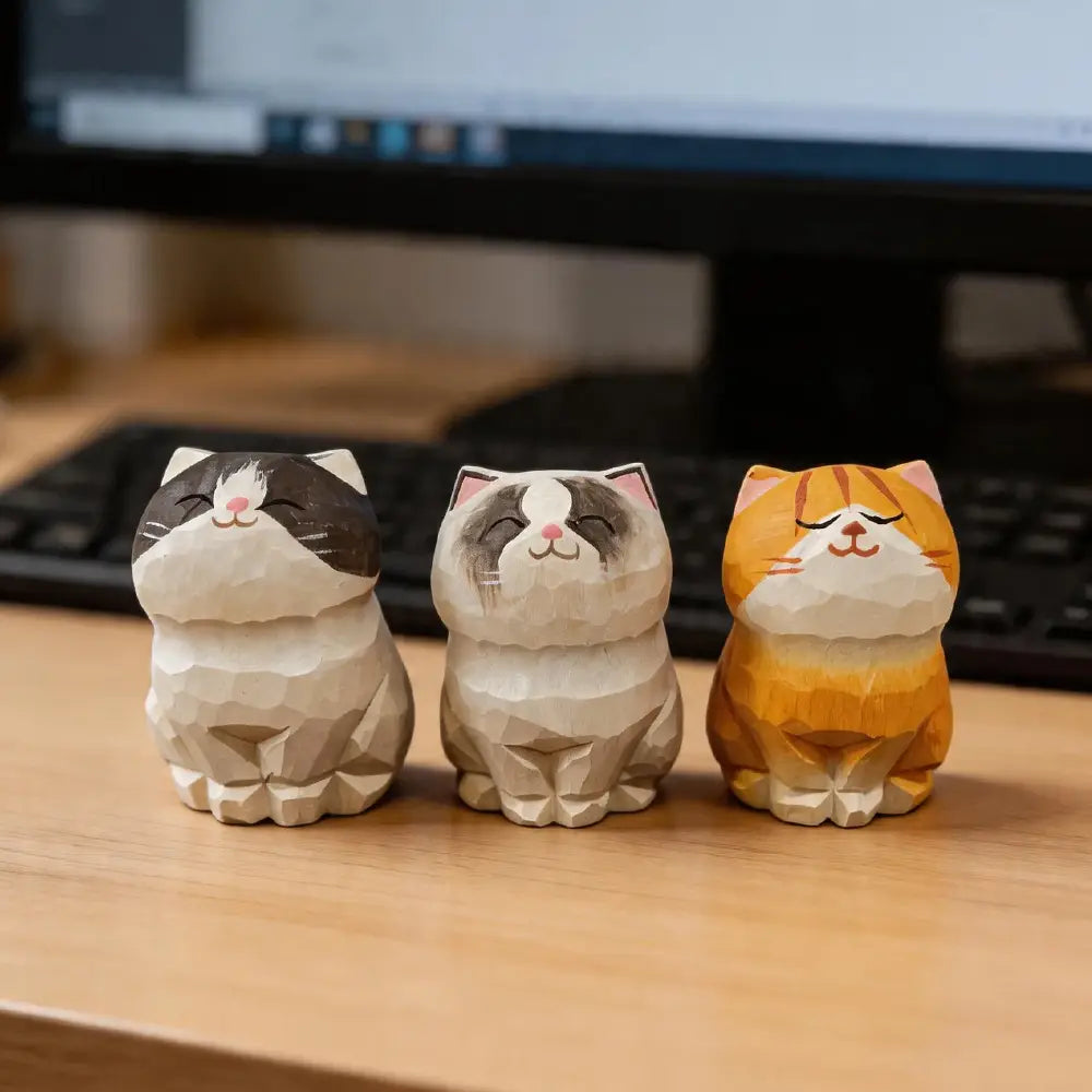 Three handcrafted wooden cat figurines with geometric faceted designs in shades of gray white black orange and pink ideal for factory direct desk decor actual product.