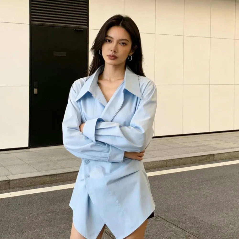 Formal Wear Irregular Long Sleeve Shirt Slim Fit Waist-cinching Women Blouse Elegant V Collar Shirt Top Office