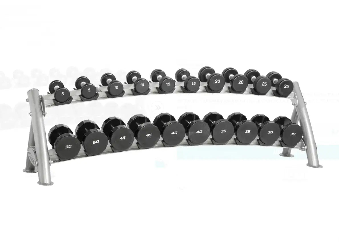 Silver metal commercial 2-tier dumbbell rack holding black hexagonal weight plates with white numerical markings.
