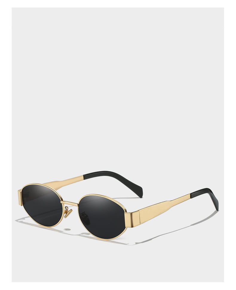 Gafas de sol ovaladas para mujer y hombre con montura en tono dorado y lentes negras, en un diseño minimalista y elegante.