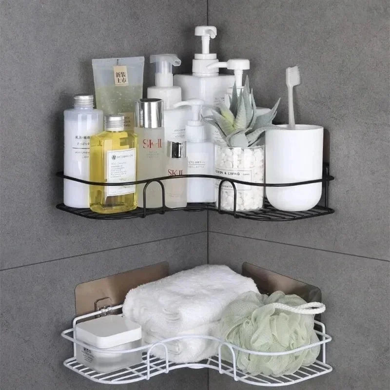 Bathroom Kitchen Punch Corner Frame Shower Shelf Wrought Iron Shampoo Storage Rack Holder with Suction Cup Bathroom Accessories