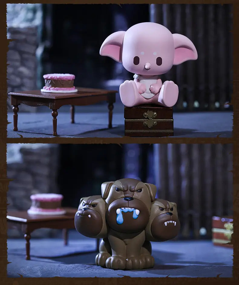 Figura tipo chibi de elefante bebé con superficie lisa en color rosa, orejas grandes y ojos negros simples, del producto real de la caja ciega Pop Mart Harry Potter del mundo mágico.