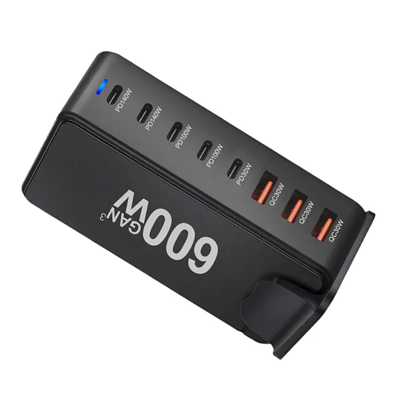 black gan 600w 8-port usb type-c fast charging desktop charger featuring multiple usb-c and usb-a ports with various power output plug types and built-in safety protection.