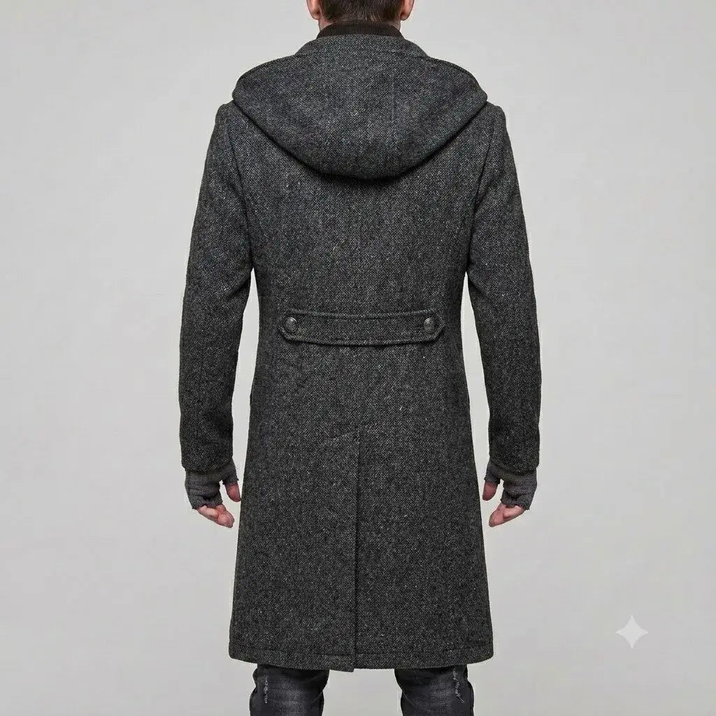 Abrigo largo de lana texturizada color gris oscuro con capucha y dos botones frontales en el abrigo tipo gabardina con capucha de lana marrón para hombre y estilo de moda urbana Y2k.