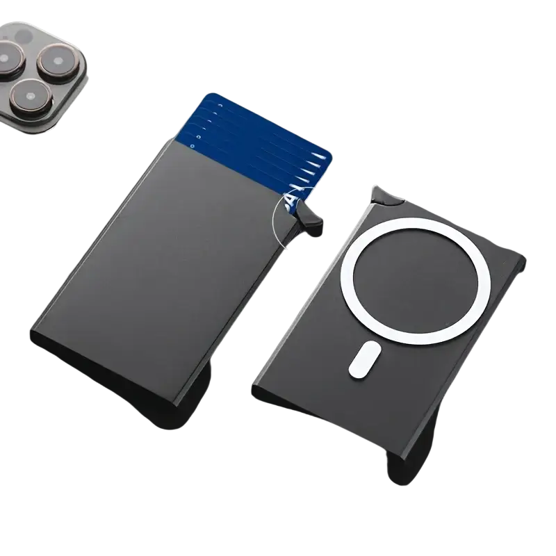 Personalized magnetic RFID blocking phone card wallet in black with circular white magnet and blue interior slots