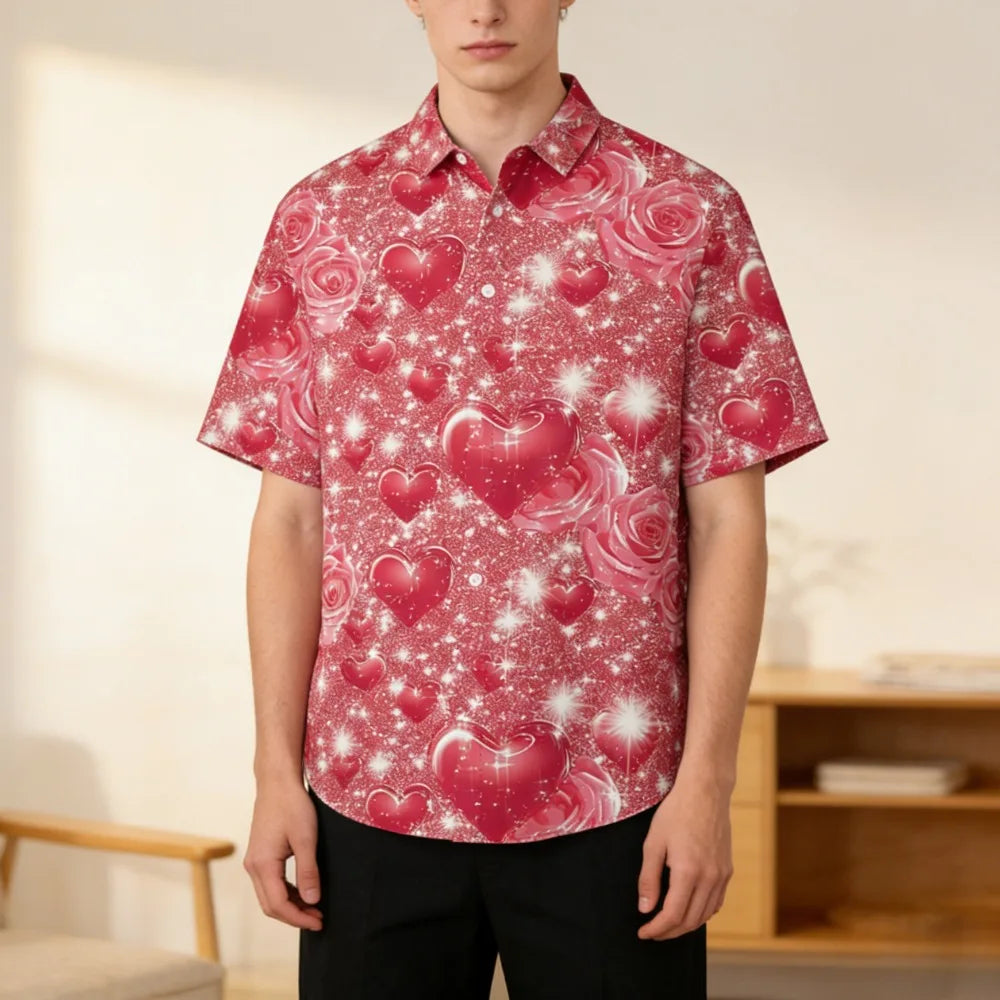 Valentine's Day Themed Men's & Women's Casual Shirt Romantic Short Sleeve Red Pink White Heart Print Loose Fit Button Down Shirt