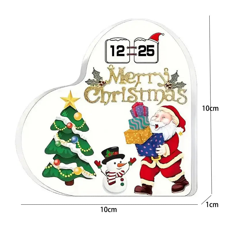 Ein herzförmiger Acryl-Weihnachts-Adventskalender-Desktopständer: Santa Claus in Rot-Weiß trägt farbenfrohe Geschenke, ein Schneemann mit Zylinder und Schal, ein grün dekorierter Baum mit Lichtern und Ornamenten sowie glitzernder Goldtext „Merry Christmas“ vor weißem Hintergrund.
