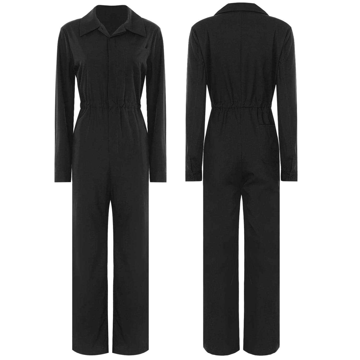 Black long sleeve utility jumpsuit with a collar and drawstring waist designed for women.