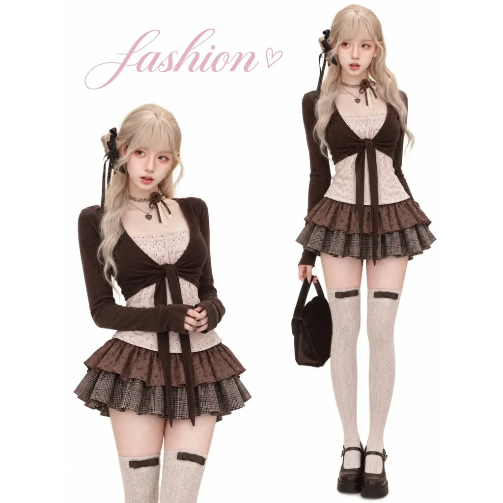 Women Chic Party 2 Piece Matching Outfit Sets Y2K Crop Top Blouse & Mini Skirt Korean Fashion American Vintage Streetwear Suits