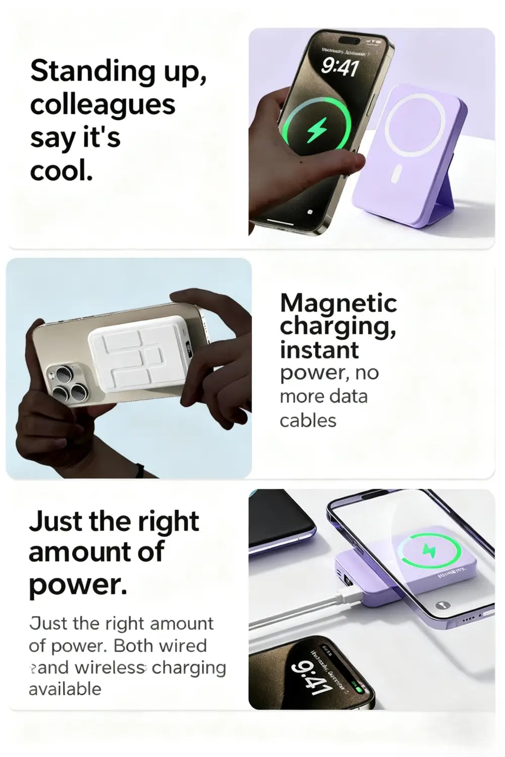 Lila magnetische kabellose Ladegerät-Powerbank mit Ständer mit schlankem minimalistischen Design für bequeme Schnellladevorgänge.