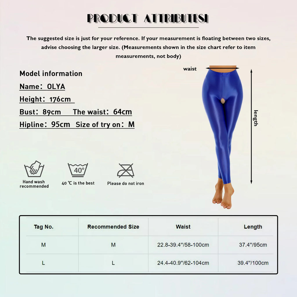 Women Solid Color Skinny Oil Glossy High Waist Open Crotch Leggings Pants Lingeries Tights Nightpants Club Porn Party Trousers