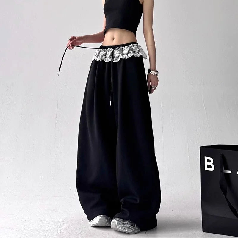 Wide-leg Pants for Women New Solid Color Loose Lace Drawstring Casual Drooping Sports