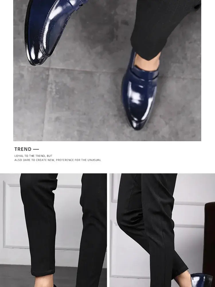 Shiny navy blue patent leather men leather business dress shoes pointed slip on style.