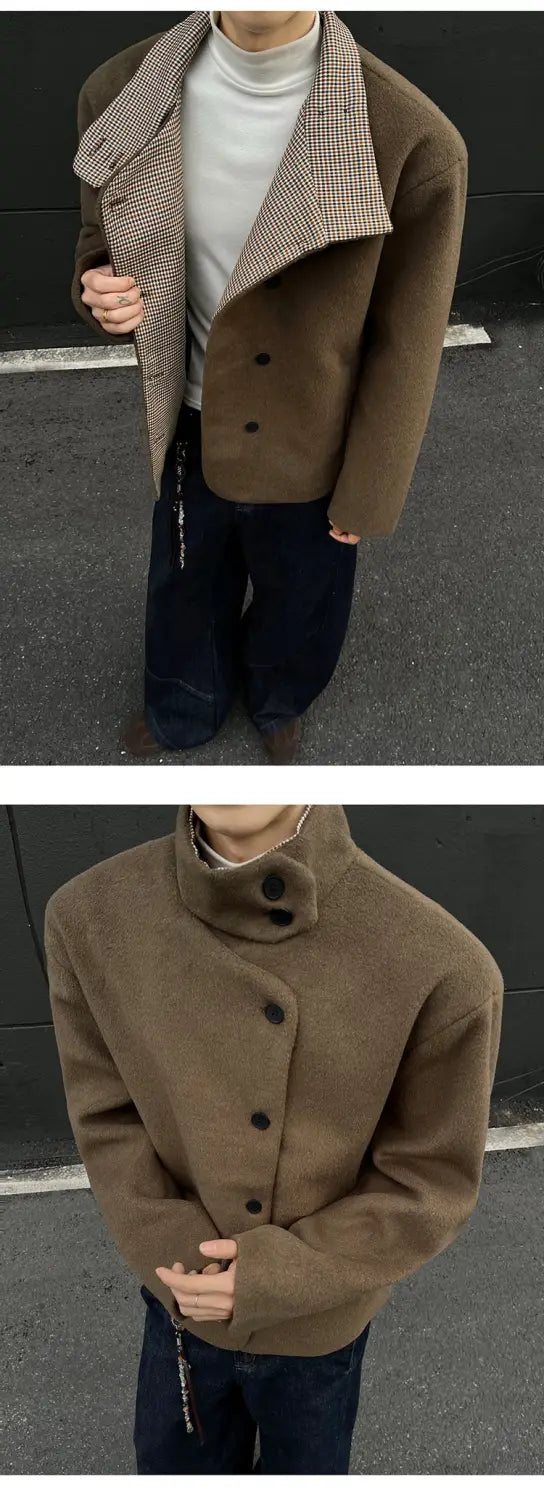 Veste d’hiver en laine marron pour homme, coupe slim, col à motif chevronné et boutons noirs pour les conditions froides.
