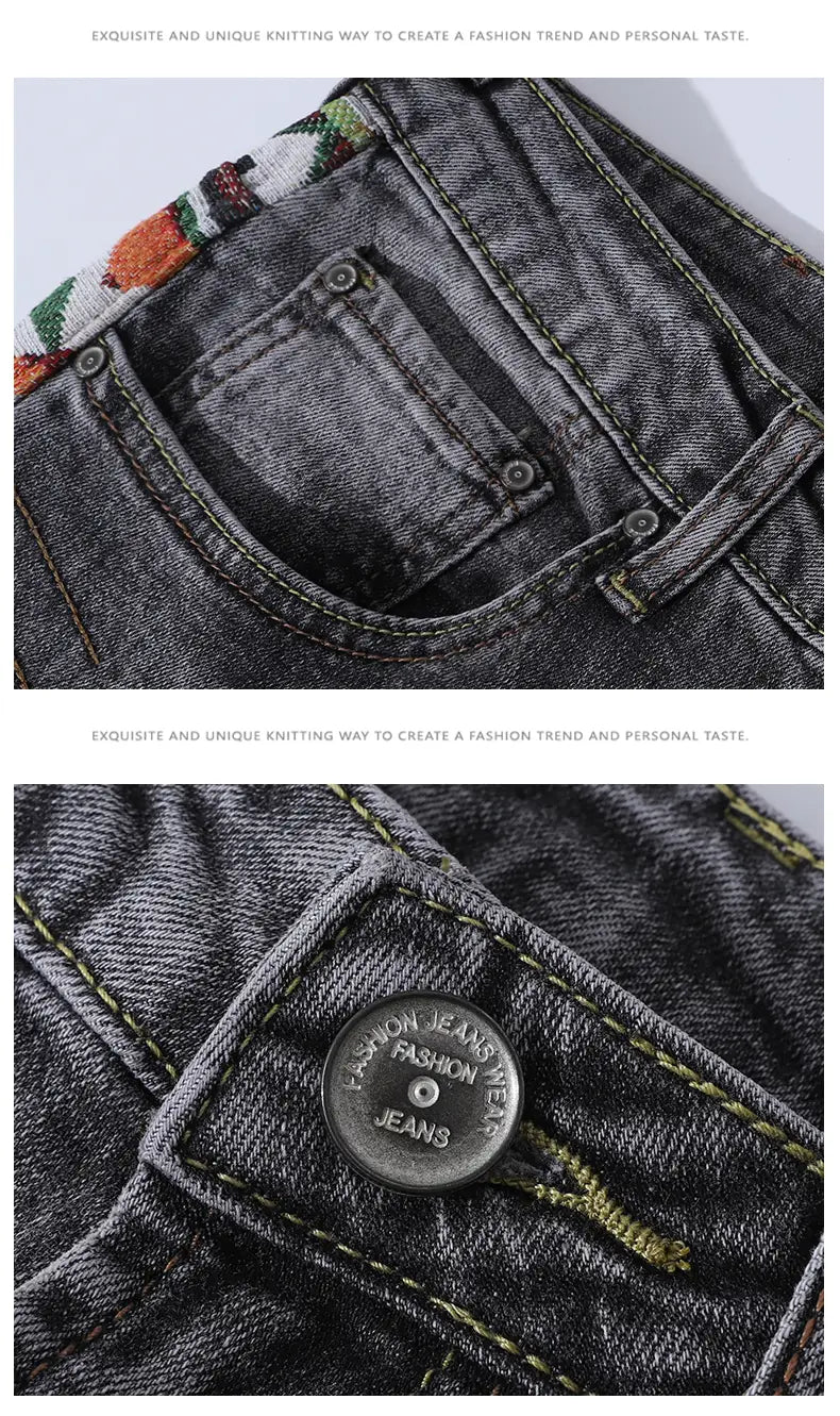 Men slim fit stretch embroidered dark-wash denim jeans with distressed texture and contrasting green stitching featuring a branded button reading fashion jeans.