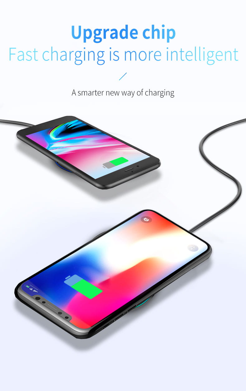 Black wireless fast charging pad with sleek minimalist design and smooth surface for phone watch and earphones.