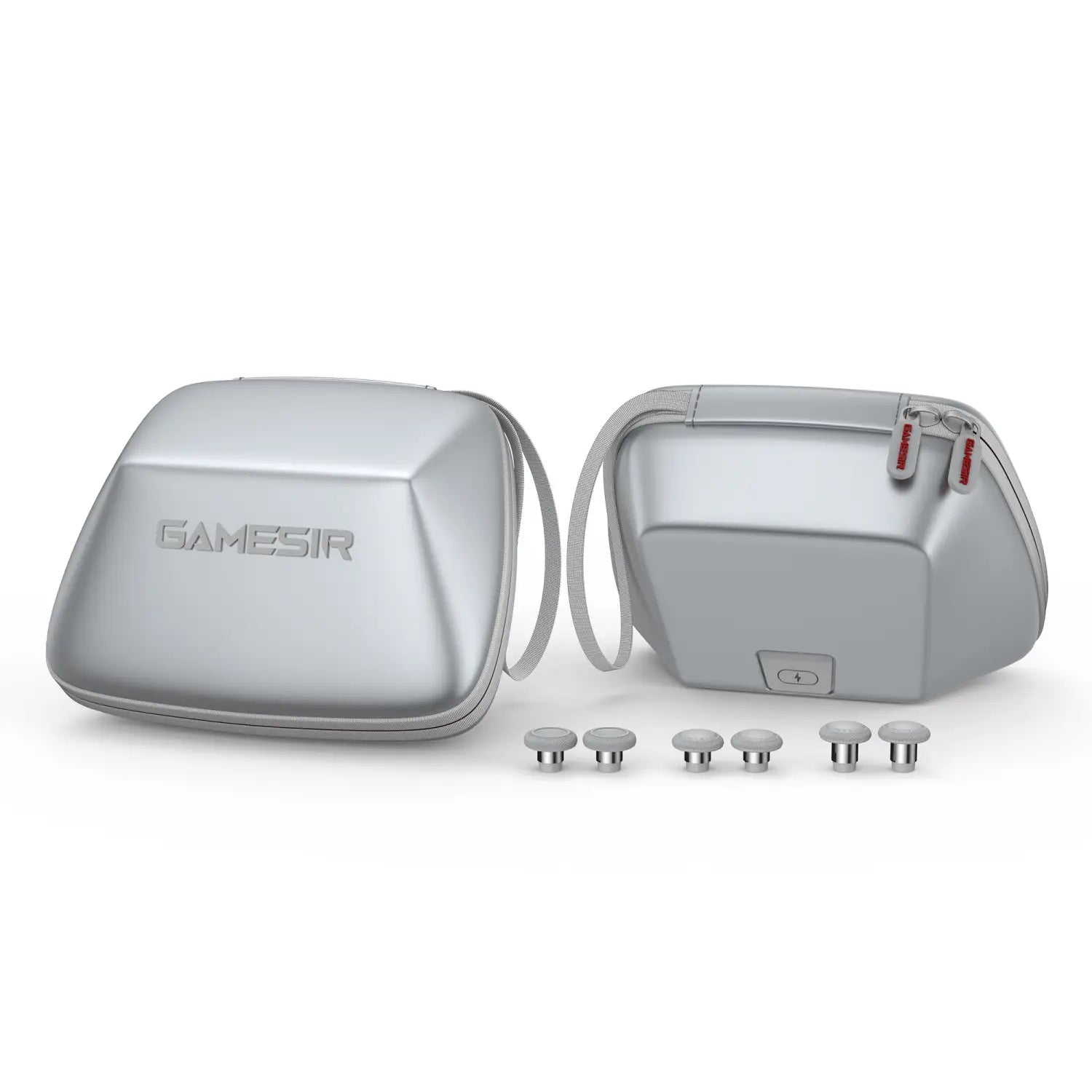 Silver Gamesir branded gaming controller case with matching silver magnetic button caps from the Gamesir G7 Magnetic Faceplate and Accessories Kit.