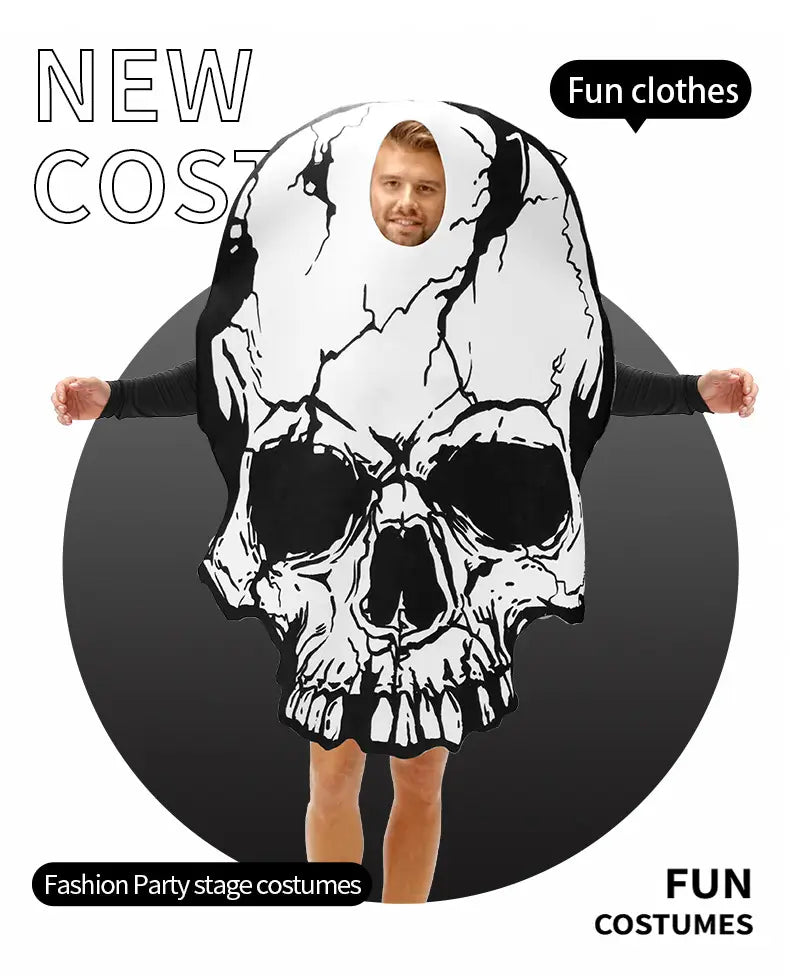 black and white cracked skull costume with a head hole designed for skull costume party cosplay outfit use