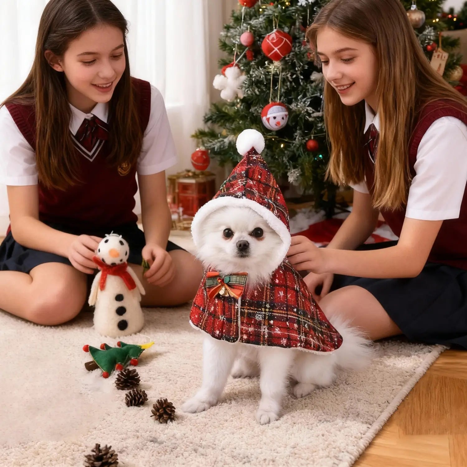 赤いチェック柄の暖かなフリース製ペット用クリスマスケープを着用したふわふわの白い犬で、同色のサンタ帽と白いポンポンを合わせた、ホリデー衣装。