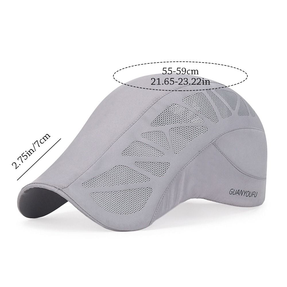 Gorra de béisbol de malla transpirable color gris, con visera curva y logotipo de marca sutil en el lateral, diseñada como una gorra estilo bombín de malla para golf, para conducir en verano.