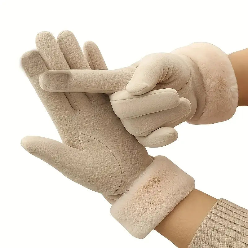 Beige women winter touchscreen gloves with a soft suede exterior and faux fur-lined fleece interior featuring windproof and snug wrist cuffs.
