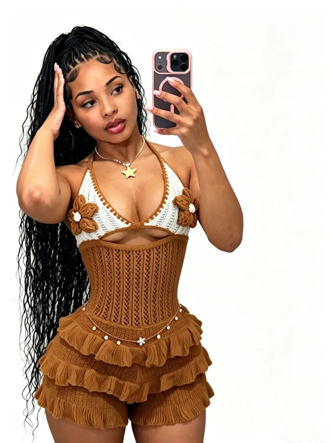 Brown knitted corset-style halter romper with floral embellishments and ruffled shorts for summer playsuit wear.