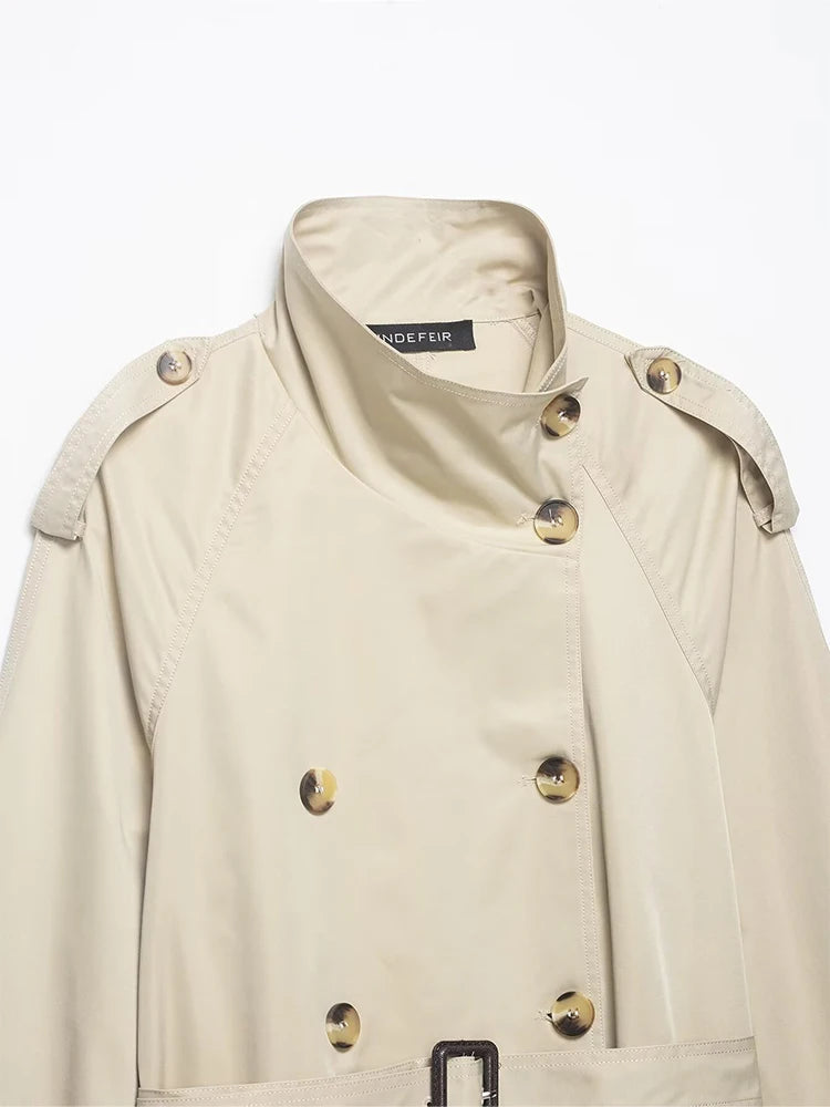 HH Women's Short Trench Coat Spring Autumn Stand Collar Belted Double Breasted Beige Jacket for Office Work Casual Daily