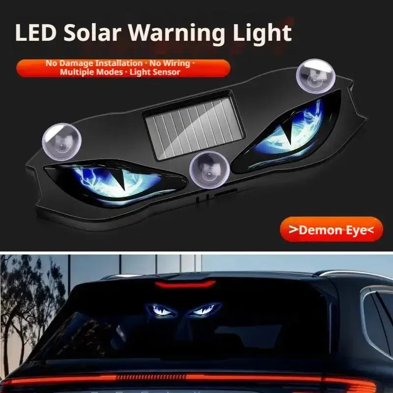 Lampe d’avertissement solaire à DEL noire avec motif d’œil de démon bleu lumineux et ventouses pour un montage aisé sur les vitres de voiture.