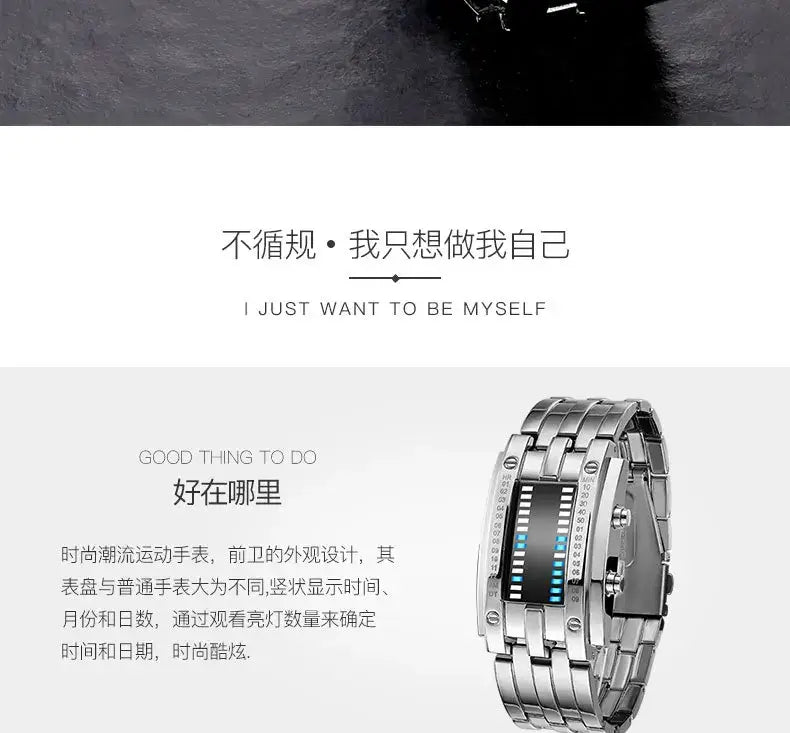 Silver-toned binary led stainless steel waterproof men watch with a sleek segmented metal band and vertical led display showing time and date.