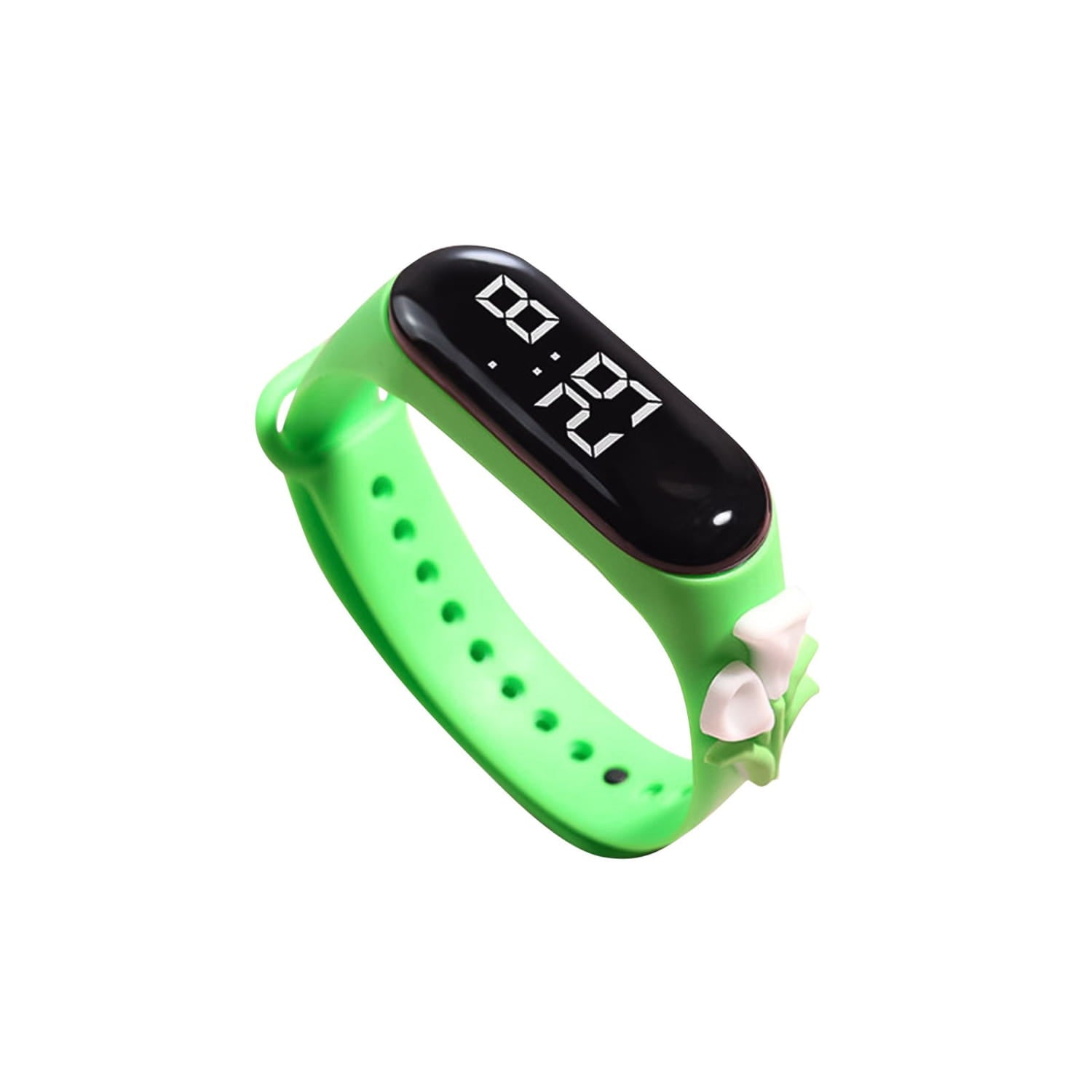 Bright green kids silicone digital watch with a black digital display showing the time and adorned with small white flower charms made of life waterproof material.