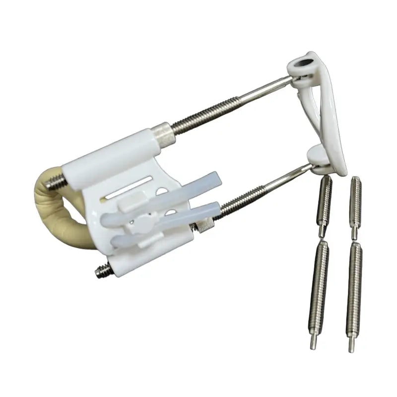 white plastic and metal finger extension device with adjustable screws and beige padded grip for home gym storage rack organizer for fitness equipment.