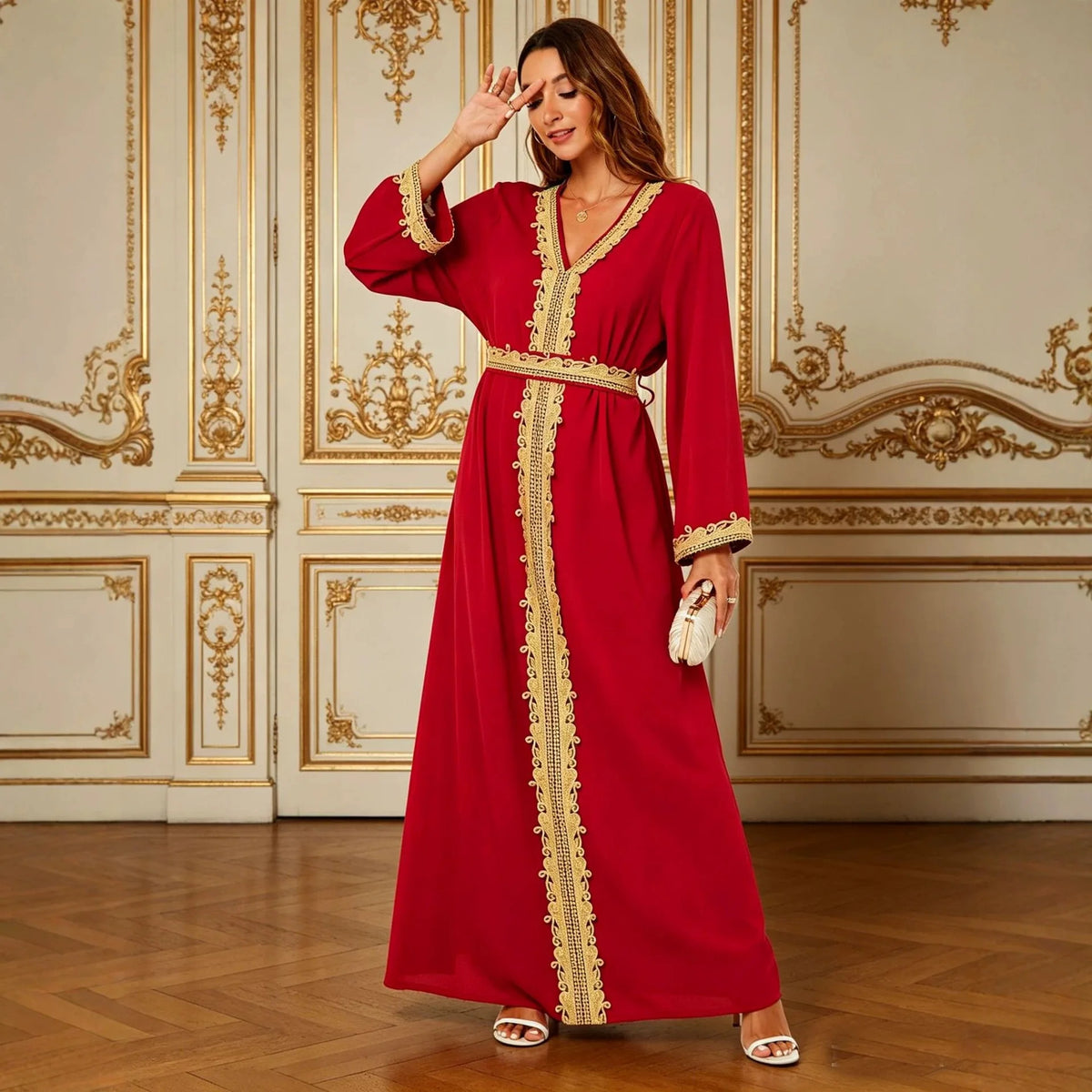 Gold Thread Lace Embroidery V-neck Waist Tied Dress Luxurious Elegant Ethnic Style Dignified Daily Gatherings Long Sleeved Robe