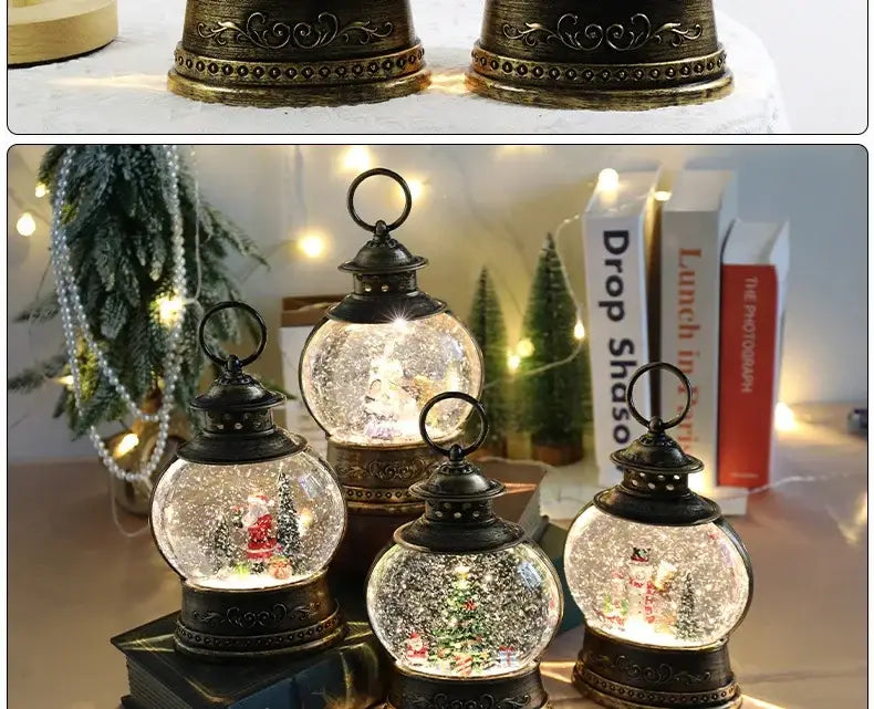 Antique bronze-finished Christmas lantern snow globe music box featuring clear glass globes with miniature Christmas scenes and falling snow.