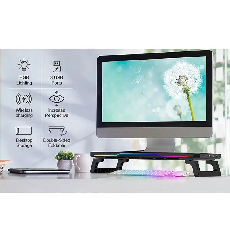 soporte para monitor de computadora de plástico negro con iluminación RGB y diseño plegable de doble cara con carga inalámbrica e indicadores del voltaje del puerto de entrada