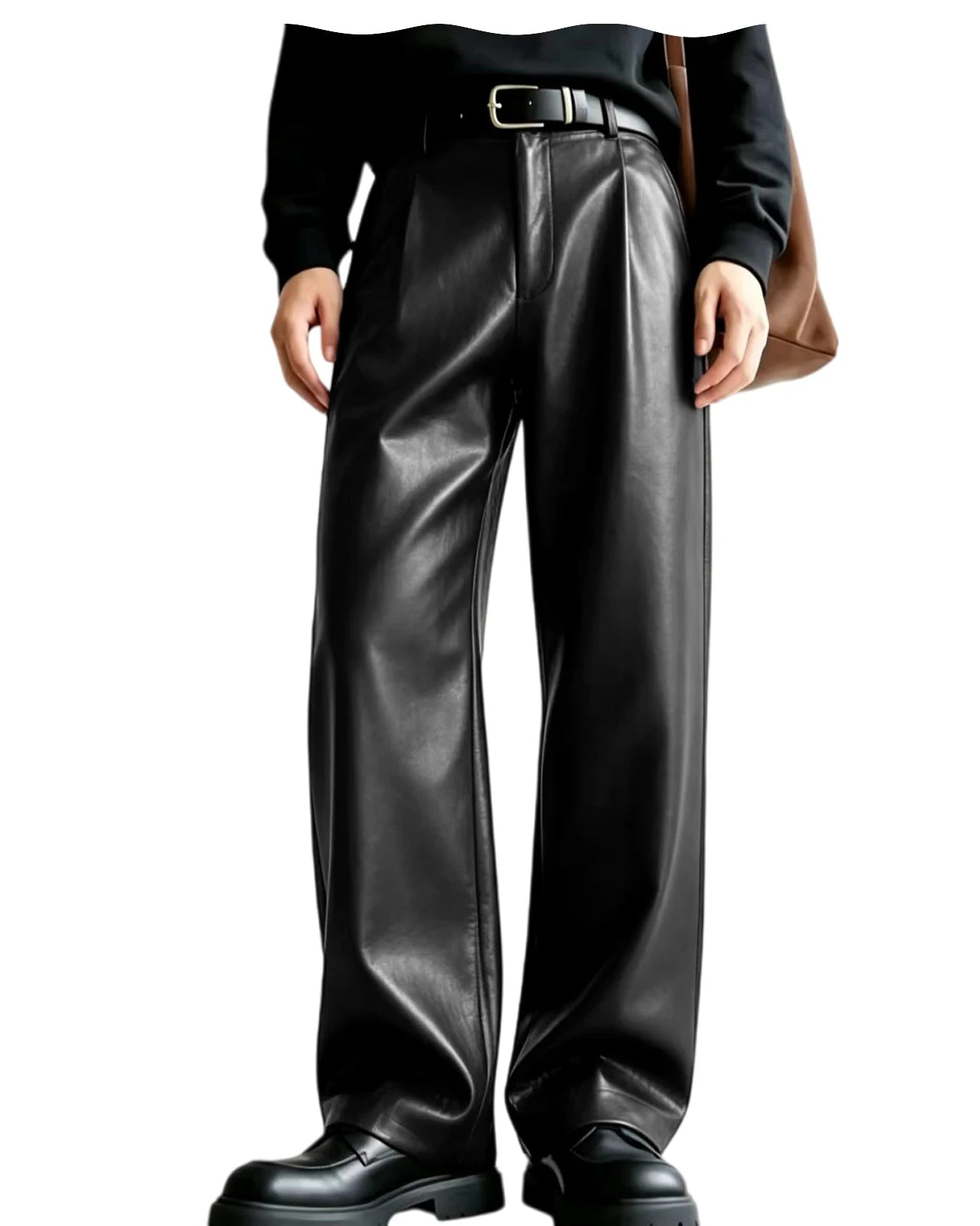 Pantalones de hombre de cuero sintético (PU) con pernera ancha en piel sintética negra, con un acabado brillante y sofisticado, y diseño de cintura alta.