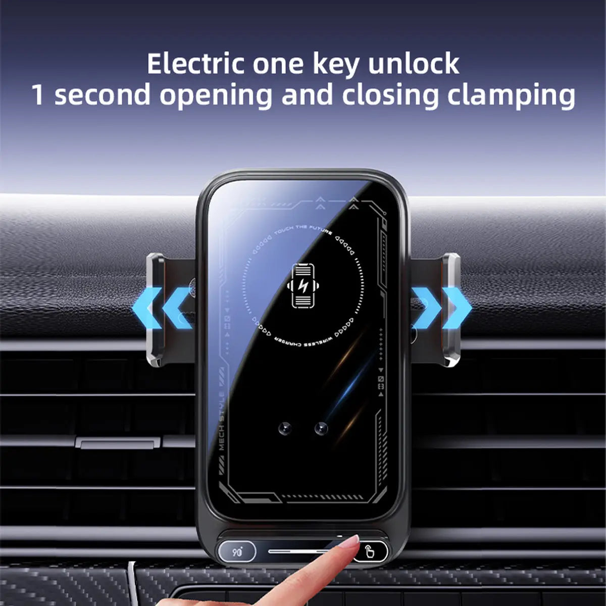 Black wireless car phone charger 15w mount with sleek futuristic design and metallic clamps for secure dashboard mounting.