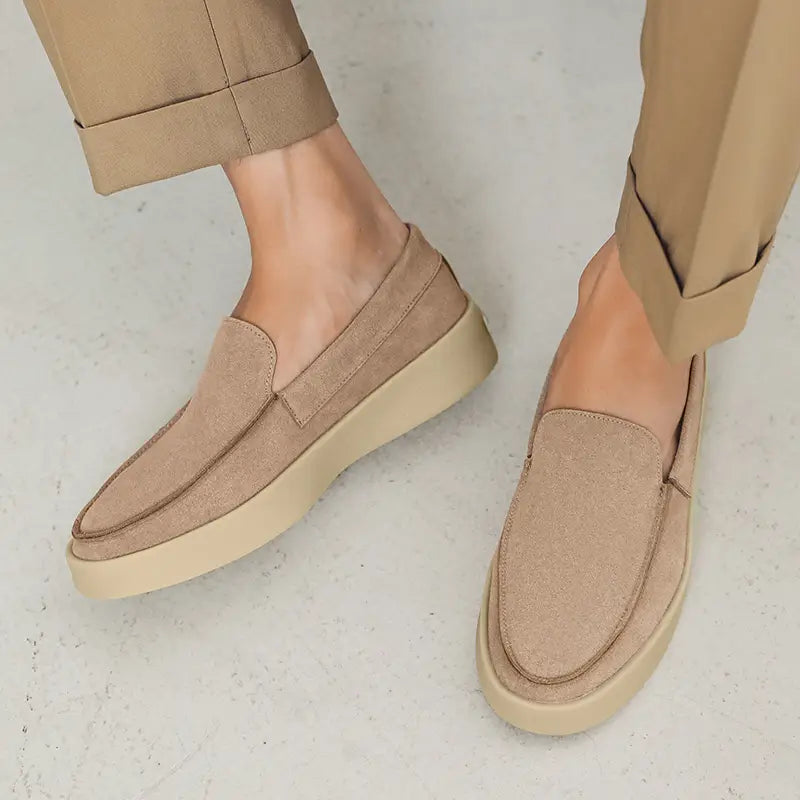 beige suede loafers for men with chunky off-white rubber soles designed for casual slip on walking shoes