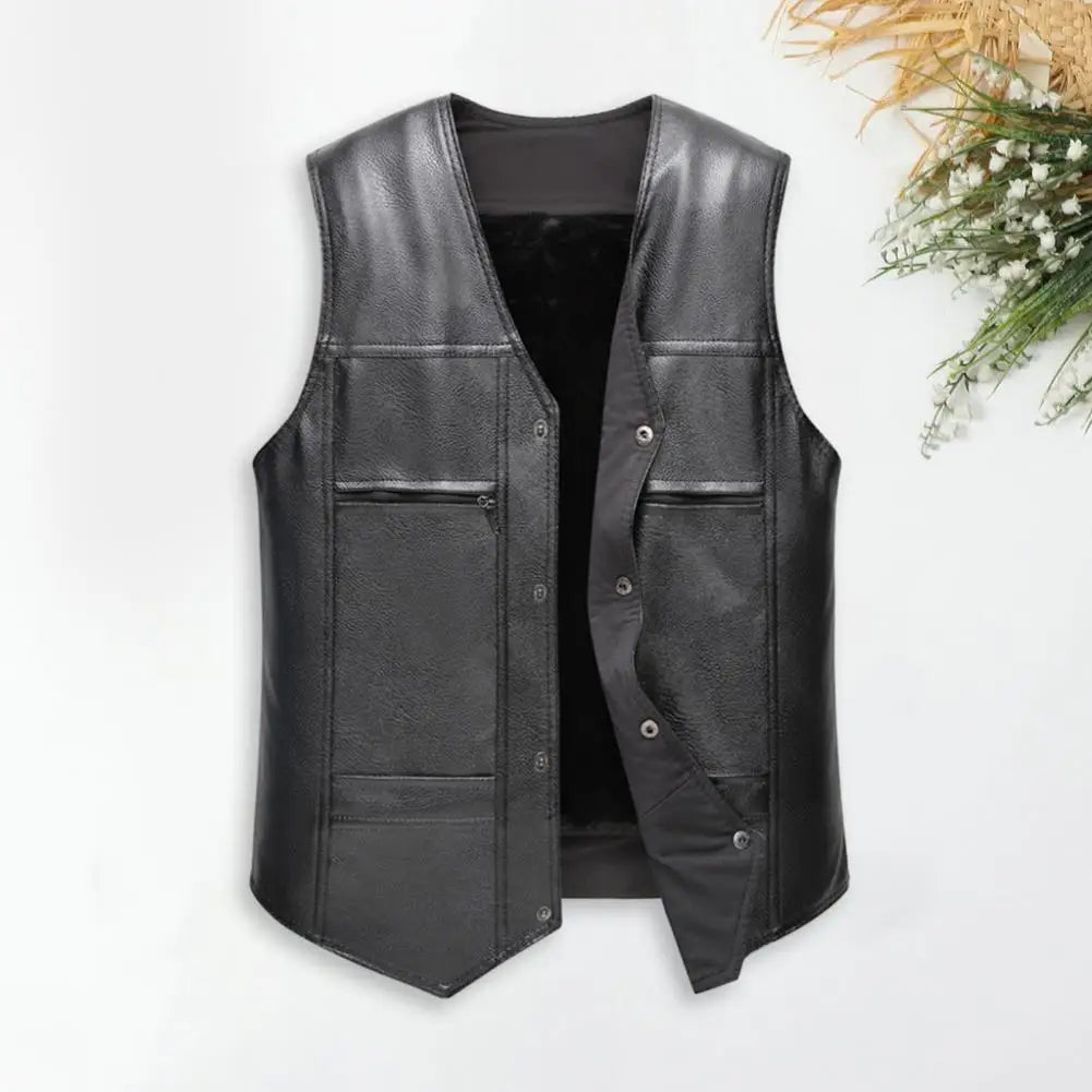 Faux Leather Waistcoat Men Motorcycle Vest Coat Warm Autumn Winter Single Breasted V-neck Sleeveless Jacket